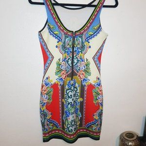 multicolored mini dress by Peachpuff with blue, red, white,brown floral ornament